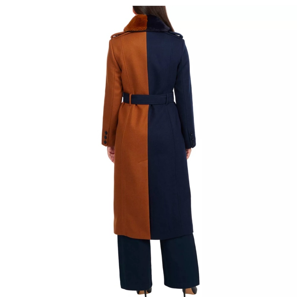 Brand new! Badgley Mischka Terry color blocking Cognac/Navy long coat. Size-M. - Picture 2 of 16